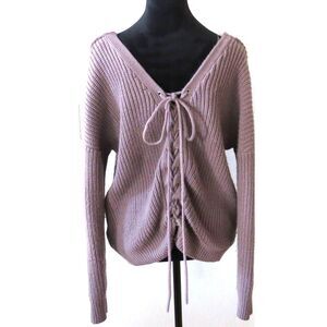Charlotte Russe Lace-up Back Sweater V-Neck Dusty Mauve M Boho GUC